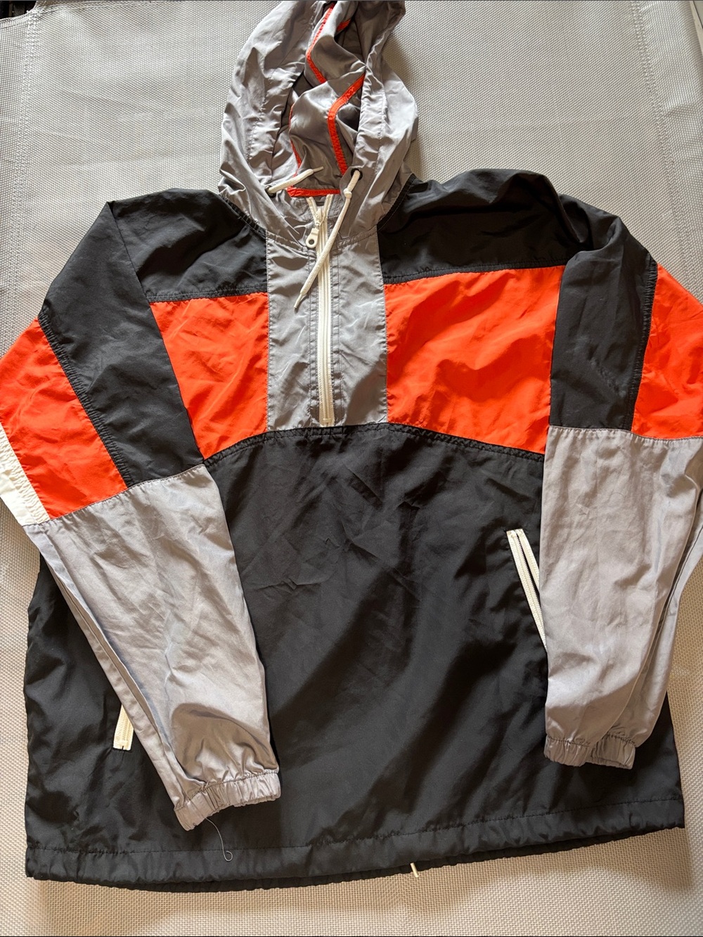 Urban Outfitters Men's Hooded Colorblock Windbreaker - Black, Orange & Gray sz M